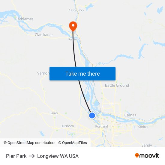 Pier Park to Longview WA USA map