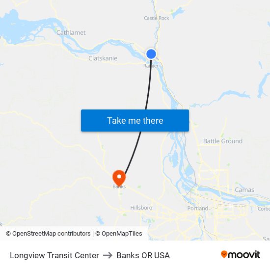 Longview Transit Center to Banks OR USA map