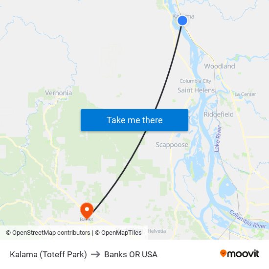 Kalama (Toteff Park) to Banks OR USA map