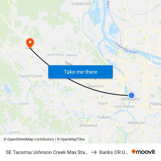 SE Tacoma/Johnson Creek Max Station to Banks OR USA map