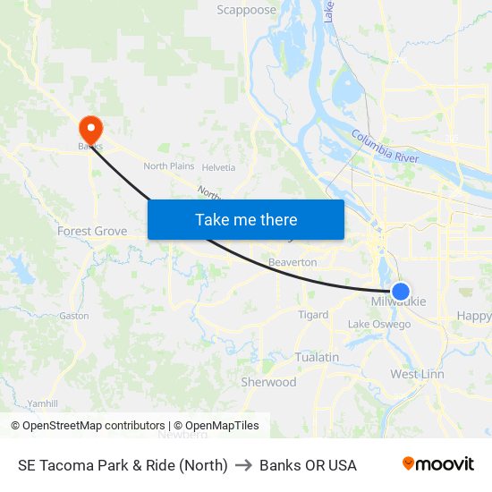 SE Tacoma Park & Ride (North) to Banks OR USA map