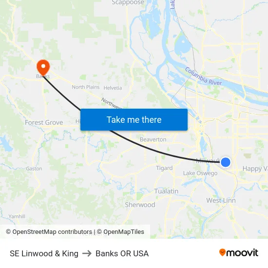 SE Linwood & King to Banks OR USA map