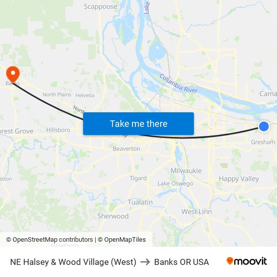 NE Halsey & Wood Village (West) to Banks OR USA map