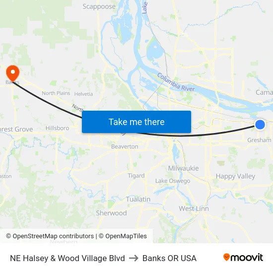 NE Halsey & Wood Village Blvd to Banks OR USA map