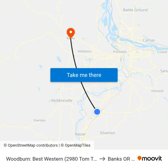 Woodburn: Best Western (2980 Tom Tennant Dr) to Banks OR USA map
