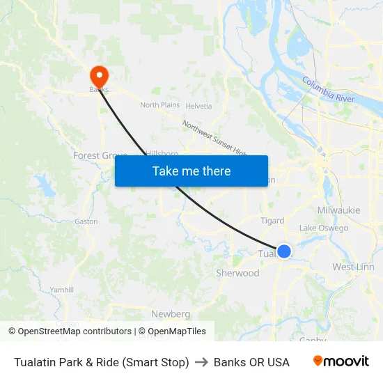 Tualatin Park & Ride (Smart Stop) to Banks OR USA map