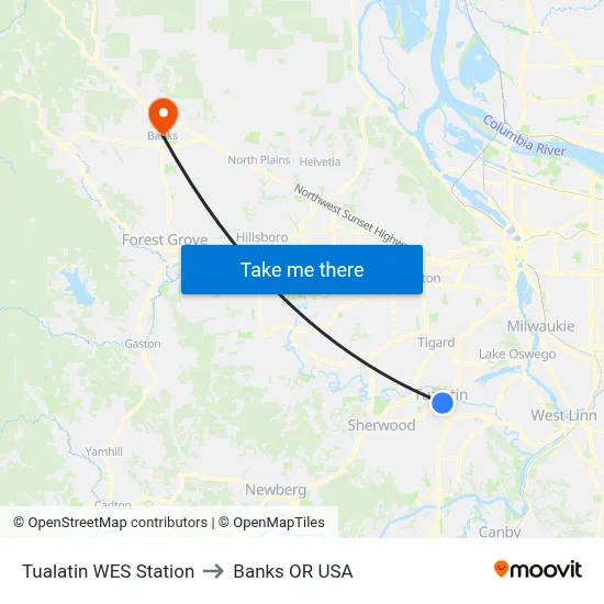 Tualatin WES Station to Banks OR USA map