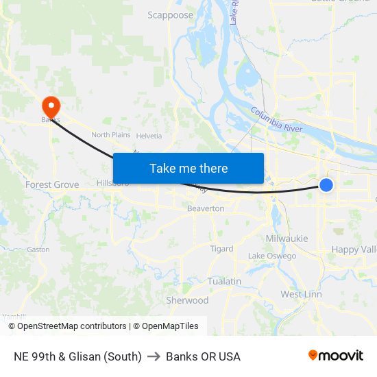 NE 99th & Glisan (South) to Banks OR USA map