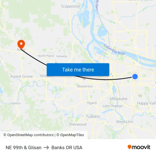 NE 99th & Glisan to Banks OR USA map