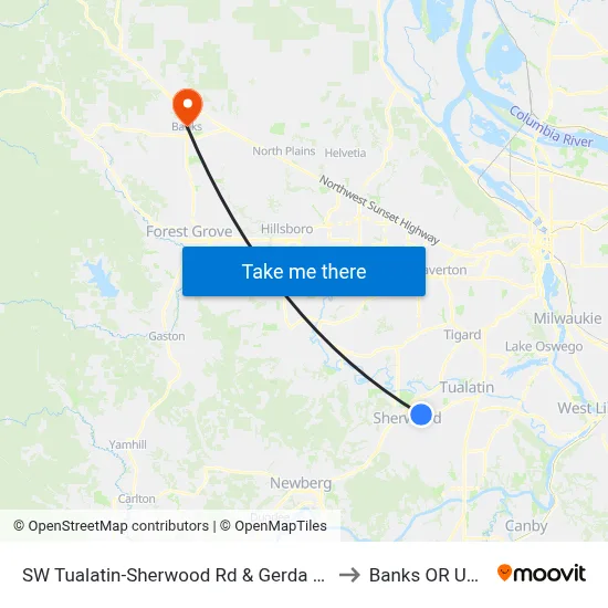 SW Tualatin-Sherwood Rd & Gerda Ln to Banks OR USA map