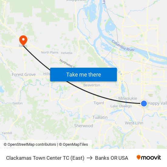 Clackamas Town Center TC (East) to Banks OR USA map