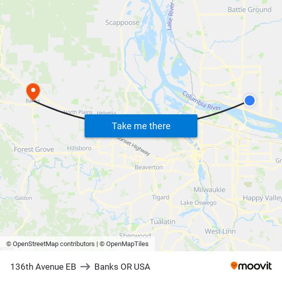 136th Avenue EB to Banks OR USA map