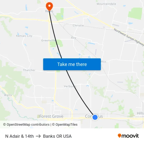 N Adair & 14th to Banks OR USA map