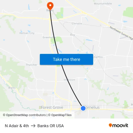 N Adair & 4th to Banks OR USA map