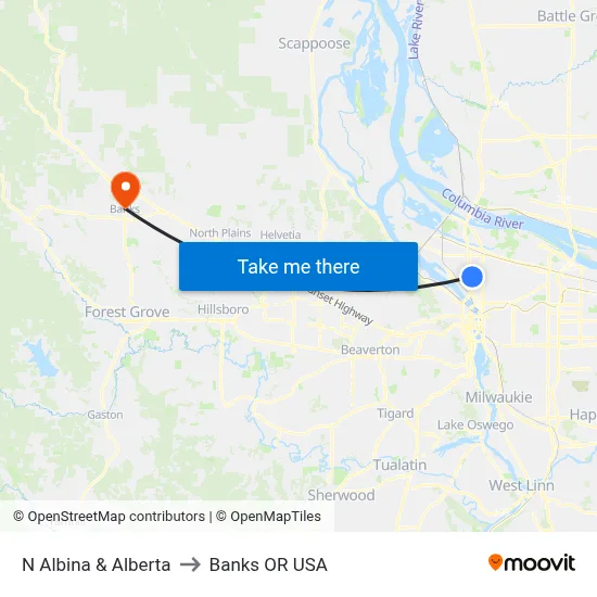 N Albina & Alberta to Banks OR USA map