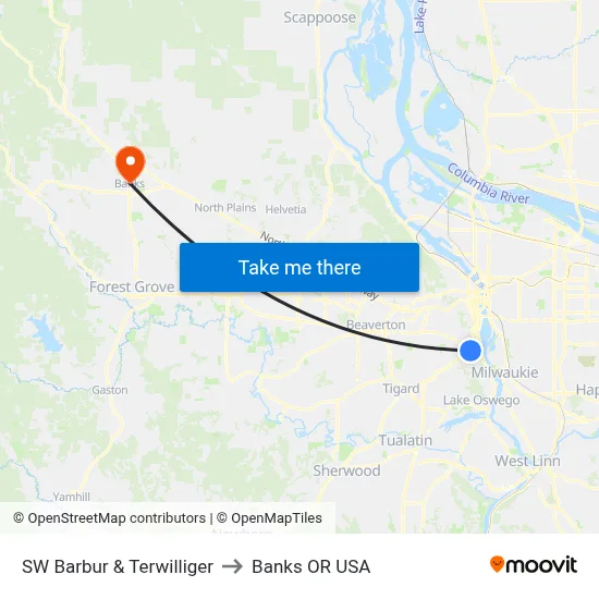 SW Barbur & Terwilliger to Banks OR USA map