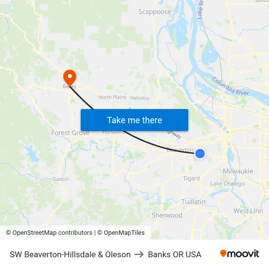 SW Beaverton-Hillsdale & Oleson to Banks OR USA map