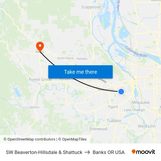 SW Beaverton-Hillsdale & Shattuck to Banks OR USA map