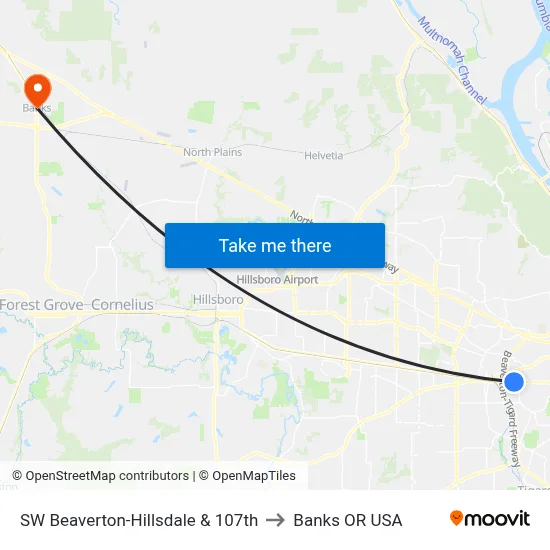 SW Beaverton-Hillsdale & 107th to Banks OR USA map