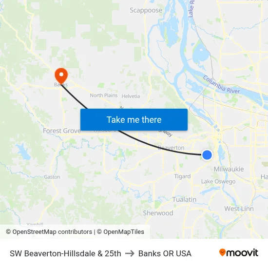SW Beaverton-Hillsdale & 25th to Banks OR USA map