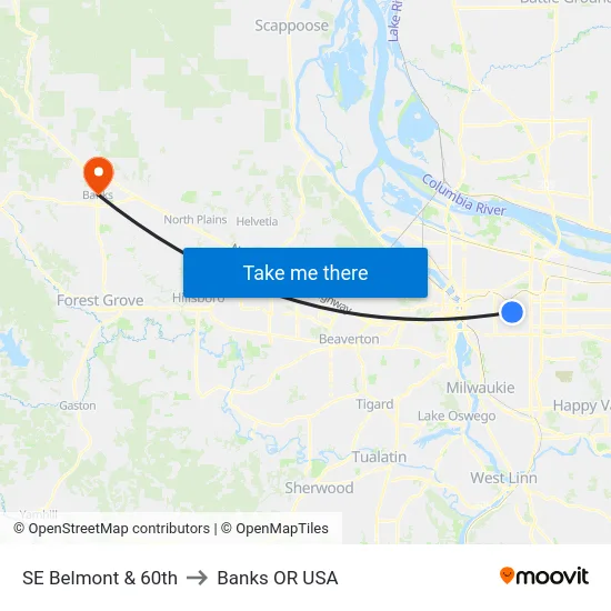 SE Belmont & 60th to Banks OR USA map