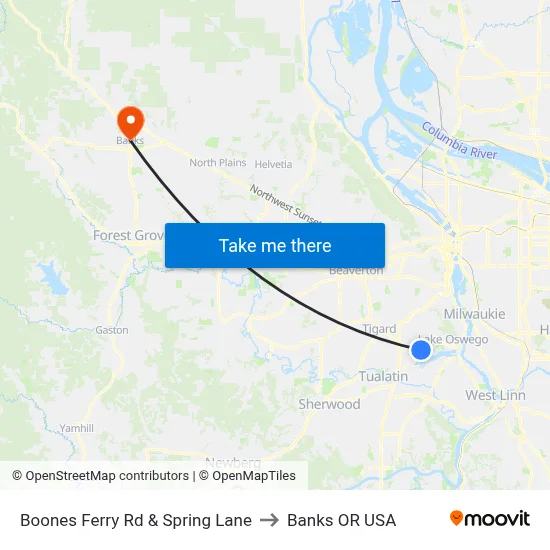 Boones Ferry Rd & Spring Lane to Banks OR USA map
