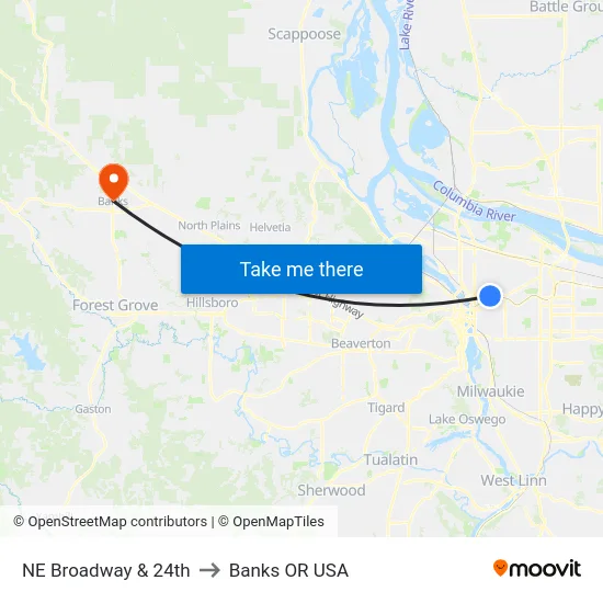 NE Broadway & 24th to Banks OR USA map