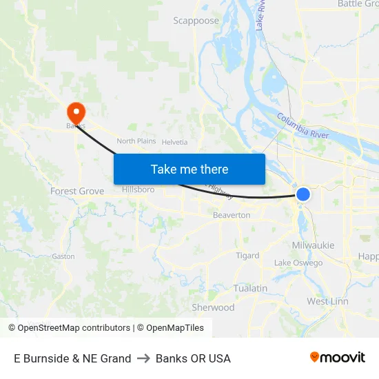 E Burnside & NE Grand to Banks OR USA map