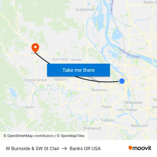 W Burnside & SW St Clair to Banks OR USA map