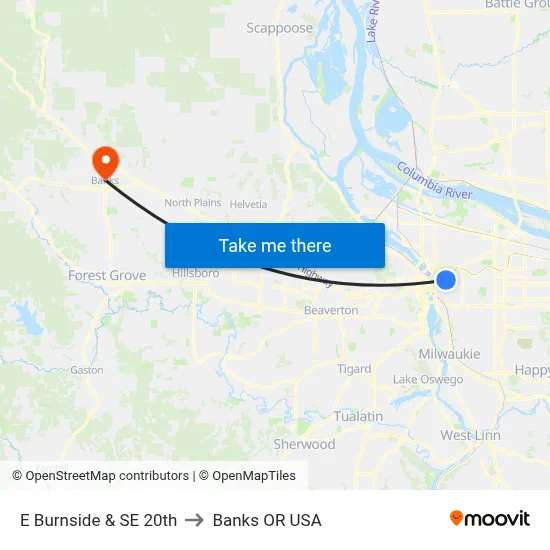 E Burnside & SE 20th to Banks OR USA map