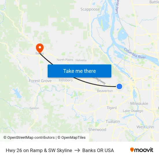 Hwy 26 on Ramp & SW Skyline to Banks OR USA map