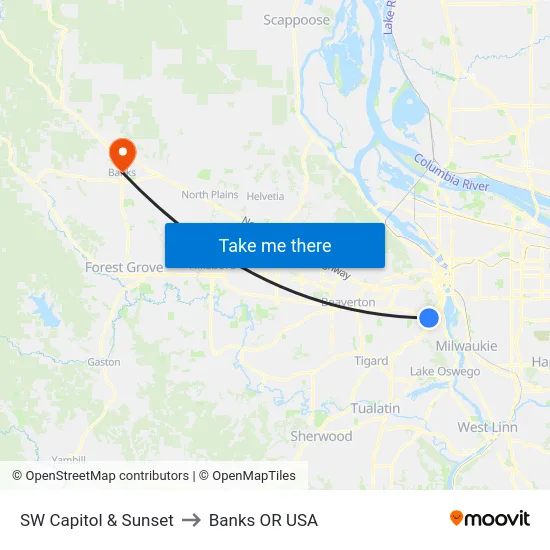 SW Capitol & Sunset to Banks OR USA map