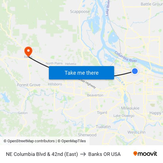 NE Columbia Blvd & 42nd (East) to Banks OR USA map