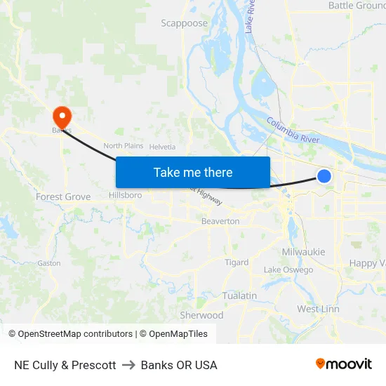 NE Cully & Prescott to Banks OR USA map