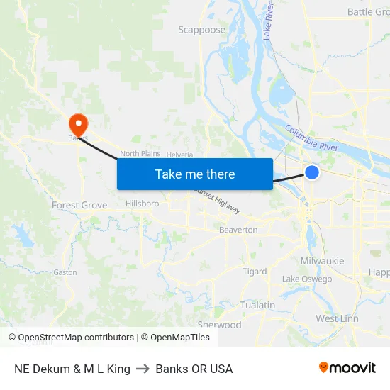 NE Dekum & M L King to Banks OR USA map