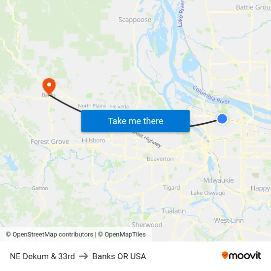 NE Dekum & 33rd to Banks OR USA map