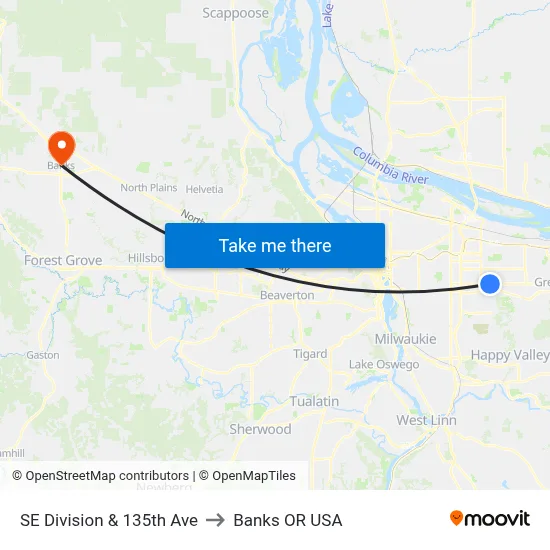 SE Division & 135th Ave to Banks OR USA map