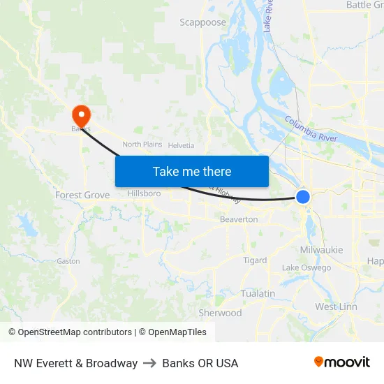 NW Everett & Broadway to Banks OR USA map