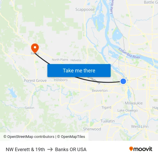 NW Everett & 19th to Banks OR USA map