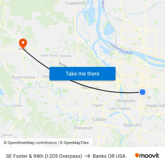 SE Foster & 94th (I-205 Overpass) to Banks OR USA map