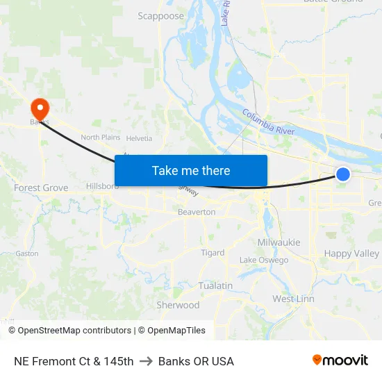 NE Fremont Ct & 145th to Banks OR USA map