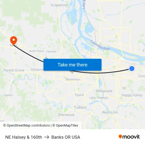 NE Halsey & 160th to Banks OR USA map