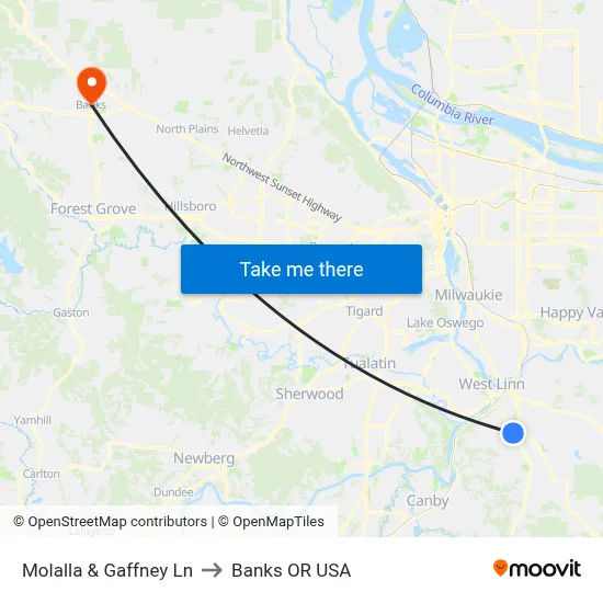 Molalla & Gaffney Ln to Banks OR USA map
