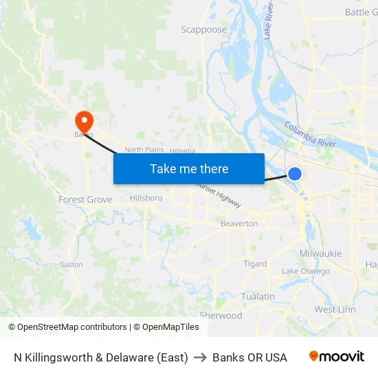 N Killingsworth & Delaware (East) to Banks OR USA map