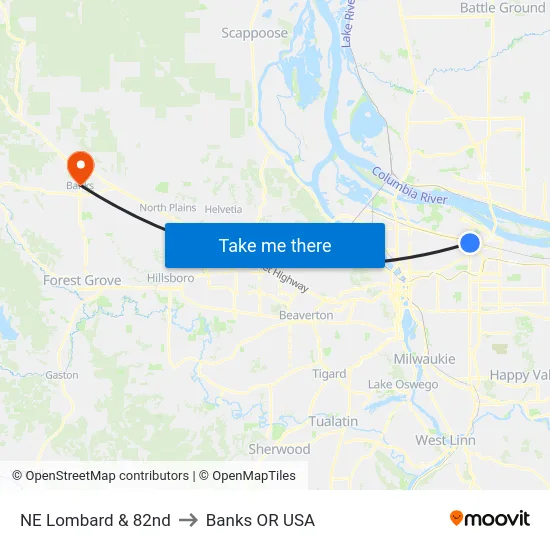 NE Lombard & 82nd to Banks OR USA map