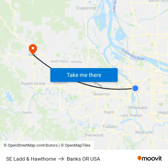 SE Ladd & Hawthorne to Banks OR USA map