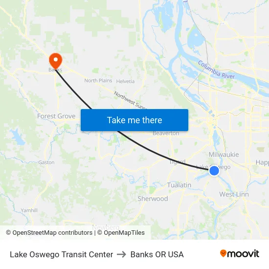 Lake Oswego Transit Center to Banks OR USA map