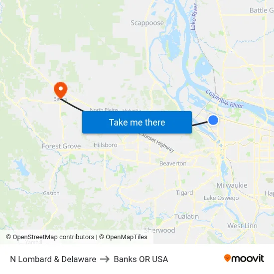 N Lombard & Delaware to Banks OR USA map