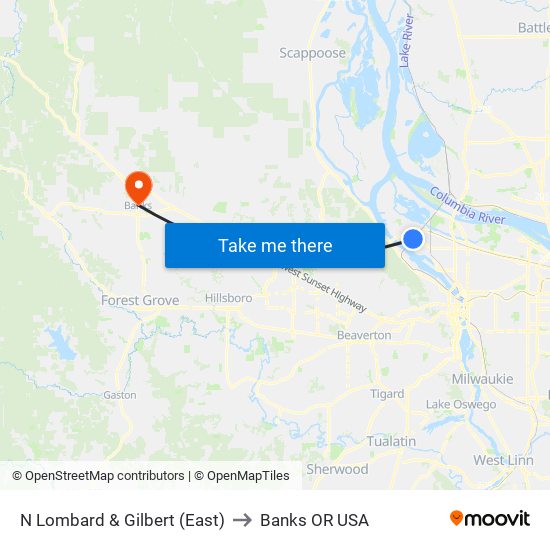 N Lombard & Gilbert (East) to Banks OR USA map