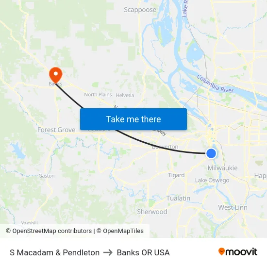 S Macadam & Pendleton to Banks OR USA map